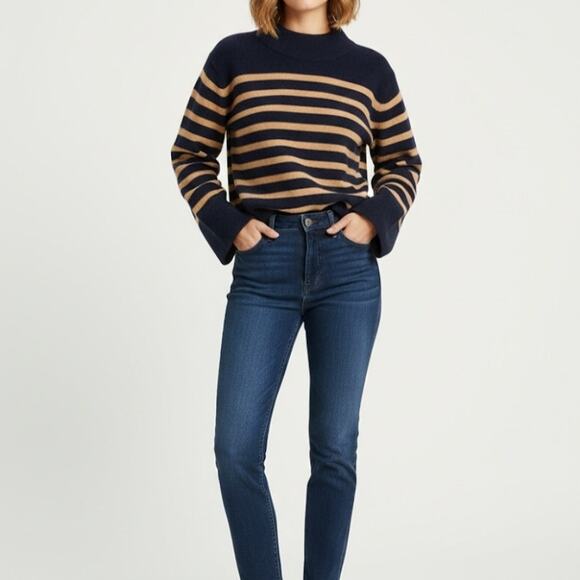 J. Crew Chunky Crewneck Sweater Supersoft Yarn Stripe Navy Blue Tan Merino Small - Picture 1 of 7